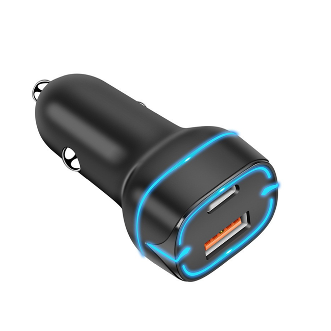 38W Dual-Port Car Charger, PD20W+QC18W Real Output,12-24V Wide Input, Blue LED