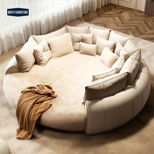 OEM Accepted Super Luxurious Cozy Customization White Velvet Round Bed Hotel Villa Other Bed Round Shaped Upholstered Bed