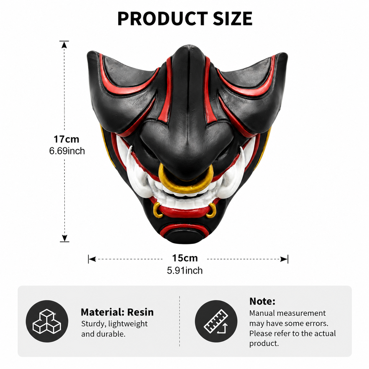 Resin Demon Half Face Mask, Black Red Oni Style Costume Mask with Gold Ring Accents for Adults, Halloween Cosplay, Masquerade Party, Festival Outfit, Photo Shoot and Stage Performance
