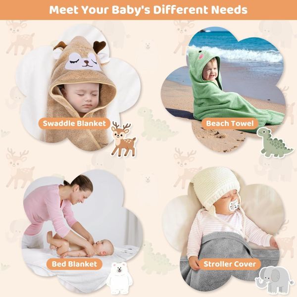 12 PCS Baby Bath Towels Set, 4 PCS Animal Hooded Baby Towels & 8 PCS Washcloths Set, Ultra Absorbent Cute Soft 