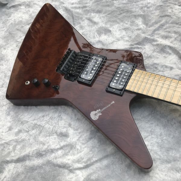 Custom Electric Guitar Brown Rosewood Top Covered Maple Fingerboard 7 Strings Double Swing Customizable Logo