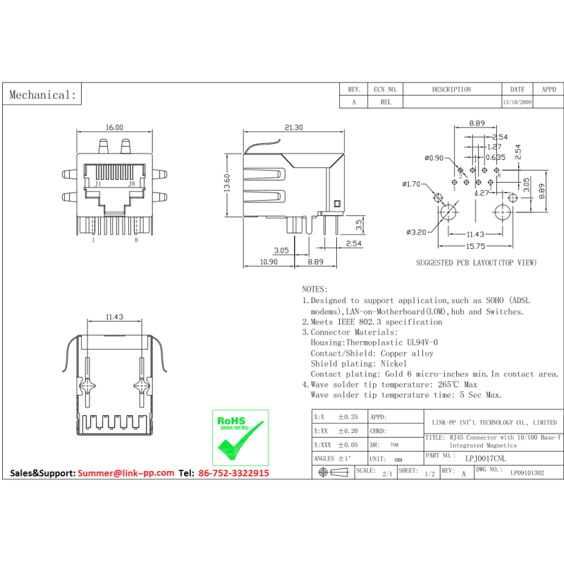 RJSE1A0289 Mag Rj45 Female Jack LPJ0017CNL 10 / 100Base-T Tab-Down Without LED