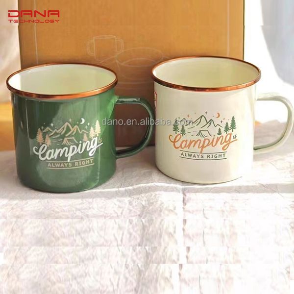 Handmade 12 Oz Enamel Custom Style Coffee Mug Camping Stoneware Enamel Mug with C Shape Handle