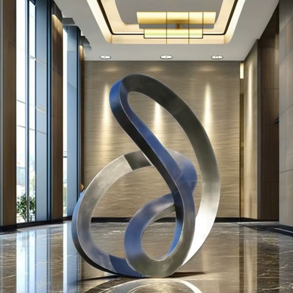 Brushed Stainless Steel Flowing Ribbon Sculpture Contemporary Reflective Art for Luxury Spaces