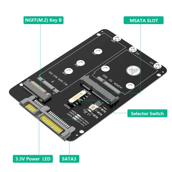 2 in 1 M.2 NGFF Key B & mSATA SSD to SATA3 Adapter Supports NGFF M.2 Key B SATA SSD and 4 Sizes with Hi-Speed 6Gbps Interface