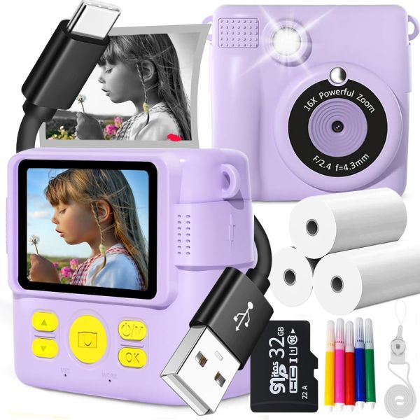 1080P HD Kids Digital Camera 2.4 inch Screen Size Instant Print 32G SD Card 3 Rolls Photo Paper Perfect Birthday Christmas Gifts for 6-12 Boys Girls