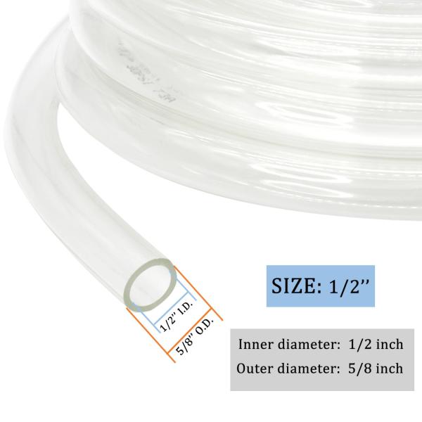 1/2’’ ID × 5/8’’ OD - 10 ft Clear Plastic Vinyl Tubing, Flexible PVC Hose, Non-toxic