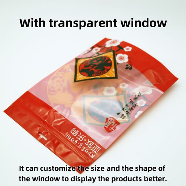 Custom Festive Food Gifts Bags Stand Up Bags With Transparent Windows For Snacks Packaging Bulk Orders Discounts.