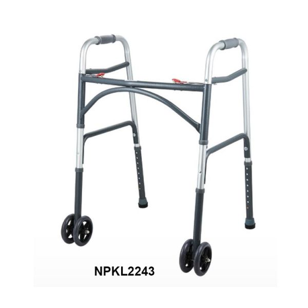 Adult Dual Button Aluminum Folding Walker with 2 Wheels