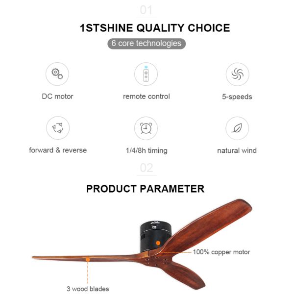 Motor de corrente contínua 52 polegadas Natureza madeira 3 lâminas de madeira de poupança de energia ventilador de teto para arrefecimento de ar