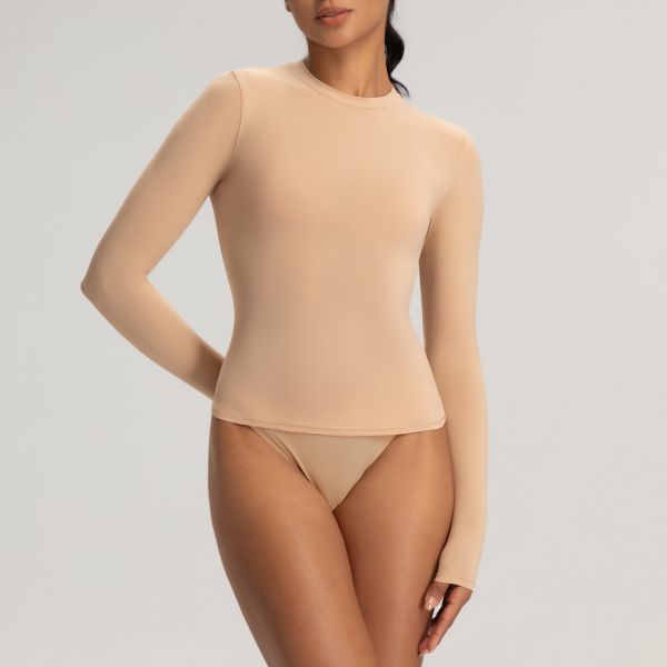 Crew Neck Nude Sheer Mesh Long Sleeve Dance Top for Ballet Gymnastics