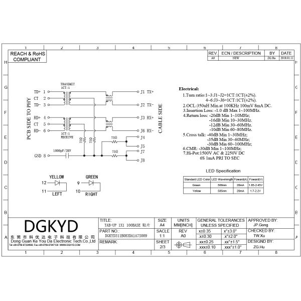DGKYD311B083DA1A7S009 SMD RJ45 Magnetic Jack 100 Base-T Adjustment Plate With Leds