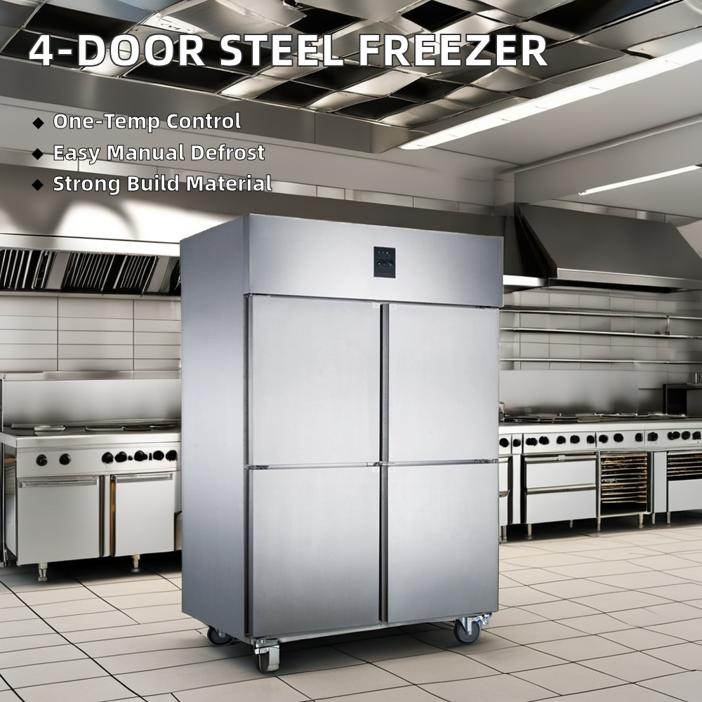 Comerciante Restaurante cocina 4 puertas de acero inoxidable congelador vertical Iluminación LED fácil de limpiar Equipo de refrigeración vertical