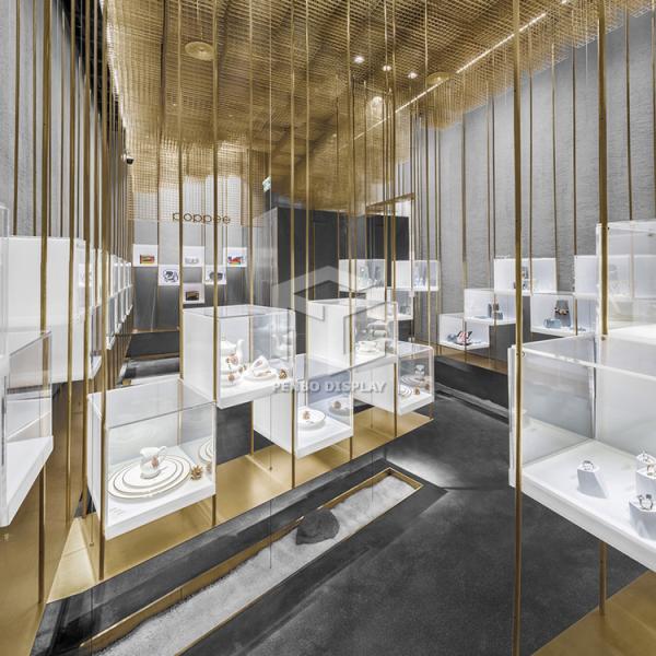 3D que rende o contador de vidro grosso da mobília da sala de exposições da joia da mobília 10mm da loja de joia