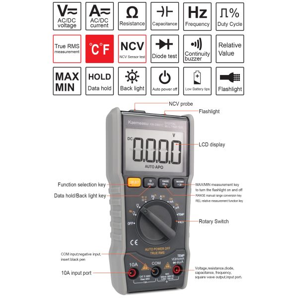 Anti Burn Electric Multimeter True-rms Ncv Ohm Hz Tester  Smart Digital Multimeters With Temperature Probe