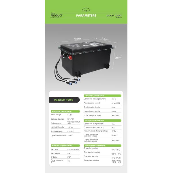 48V 105Ah Golf Cart Lithium Battery Lifepo4 Pack Prismatic With BMS