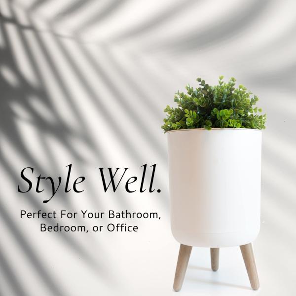 1.8 Gal White Wood Push Small Home Bathroom Trash Can Small Office Bathroom Garbage Can with Plant Style Lid