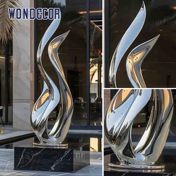 Large outdoor hotel gate forged metal abstract ribbon stainless steel sculpture