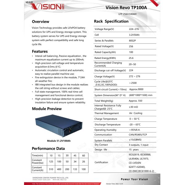 VISION Revo High Rate TP100A 256V100AH LFP Lithium Battery System Cells Cabinet 3.2V50AH Pack Data Center Solution