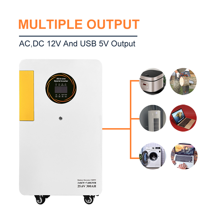 3.6KW Hybrid Solar Inverter with 7.68KWh LiFePO4 Battery 8000+ Cycles and Built-in MPPT Solar Charger for Home Energy Storage