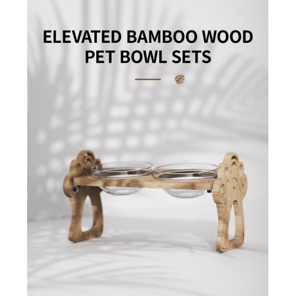 Commercial Buyer E-commerce Stores Elevated Wood Pets Feeder Holder with 2 Glass Bowls