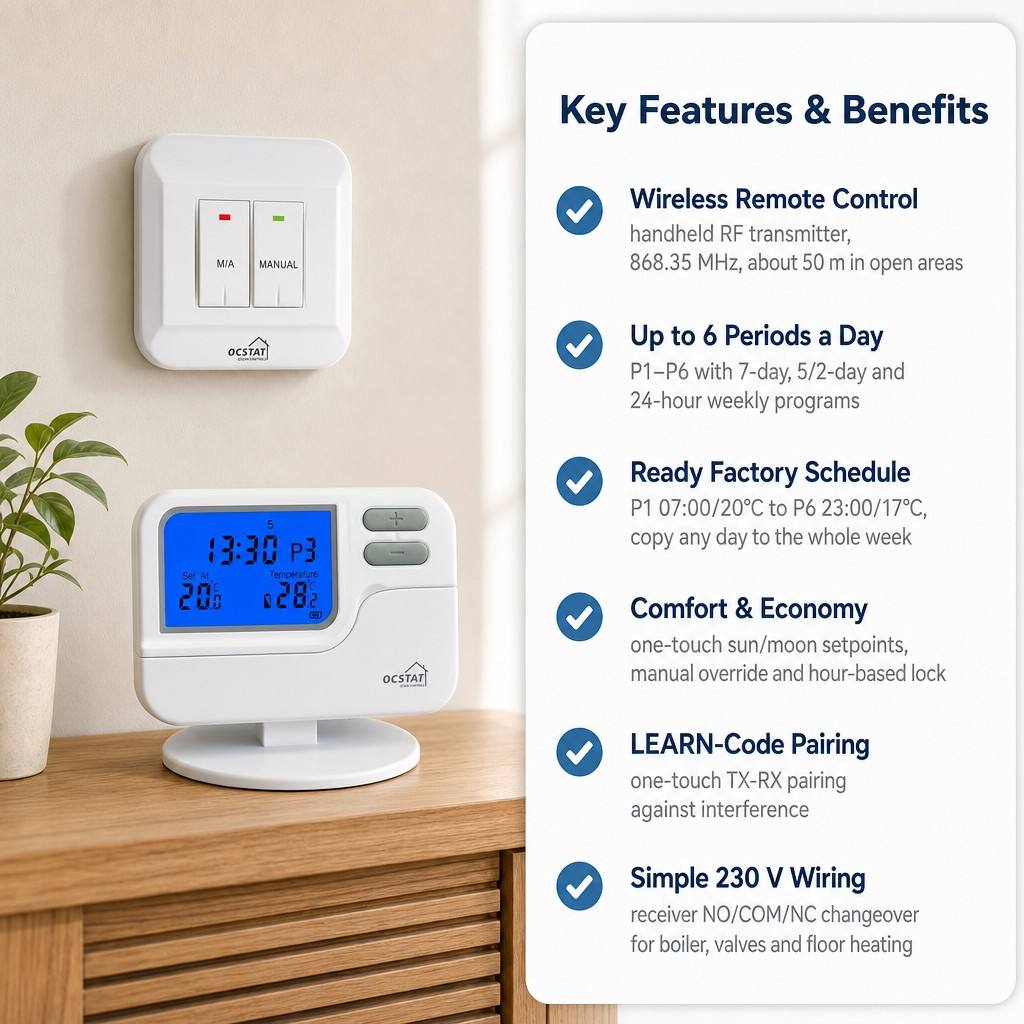 Riseem White ABS 868Mhz RF Room Wireless Programmable Thermostat Digital Heating And Cooling OEM