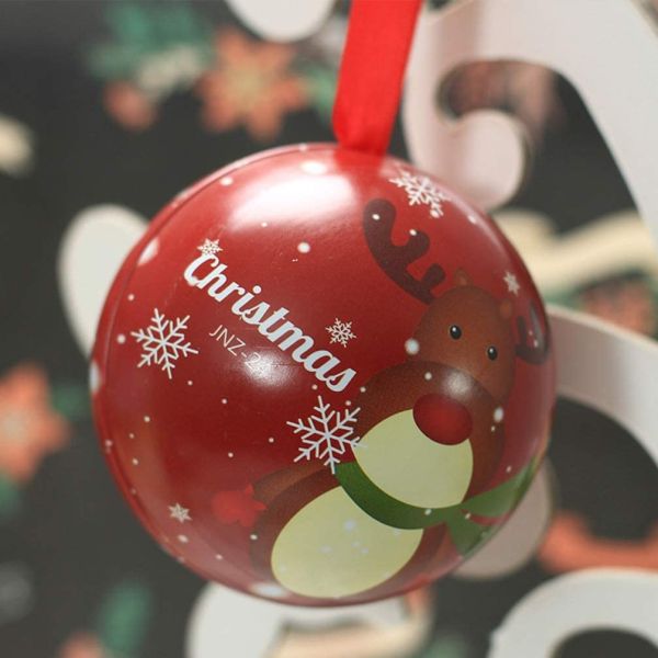 Christmas Tree Baubles Ornaments Tinplate Candy Tin Box Xmas Tree Ball Pendant Kids Holiday Surprise Gift
