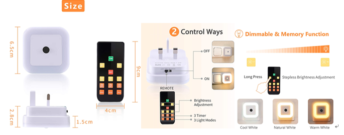 EMC LVD certified 110-240V Plug In Wall Night Lights With Remote Control Timer Preset