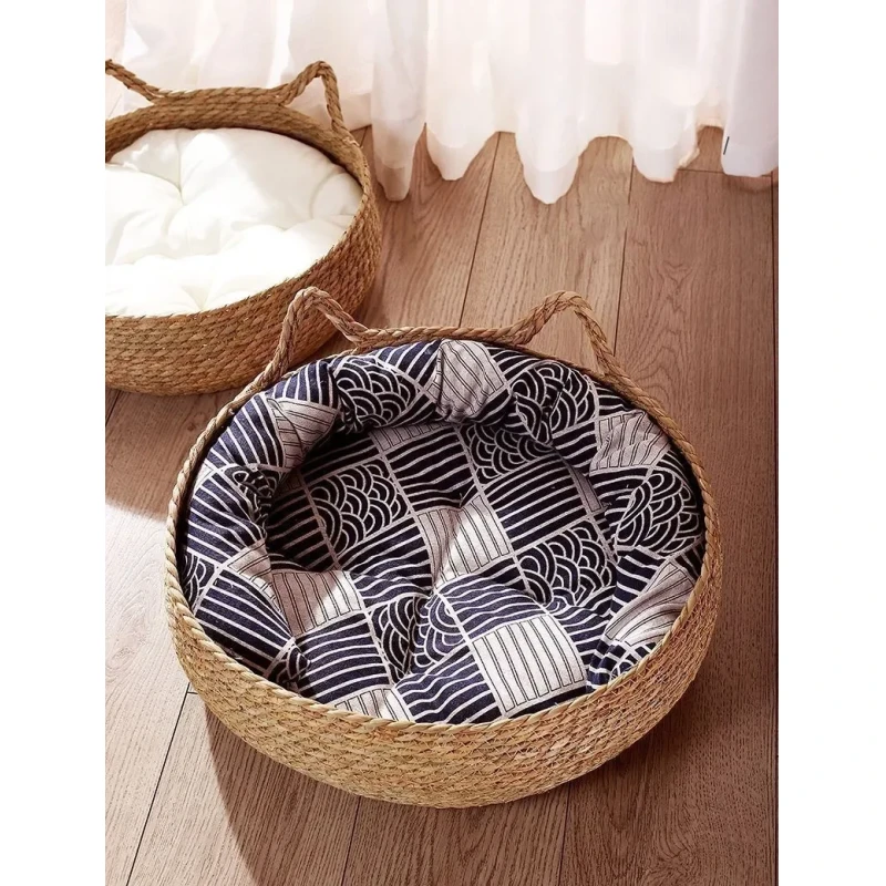 Pure Hand-Woven Rattan Cat Nest Universal Warm Pad for Small Animals Four Seasons Removable Washable Winter Pet Supplies Solid
