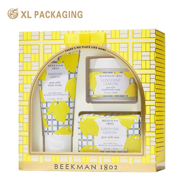 Custom Printed Luxury Gift Box with Large Arched Transparent Window and Decorative Satin Bow for Cosmetic Packaging