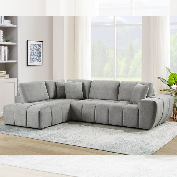 L-Shaped Sectional Sofa with 3 Pillows, Cream Fabric