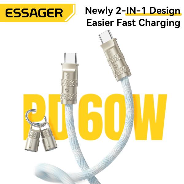 ESSAGER ES-X65 Series 60W Charging Lanyard Style USB C to USB C Cord with USB 2.0 Connector