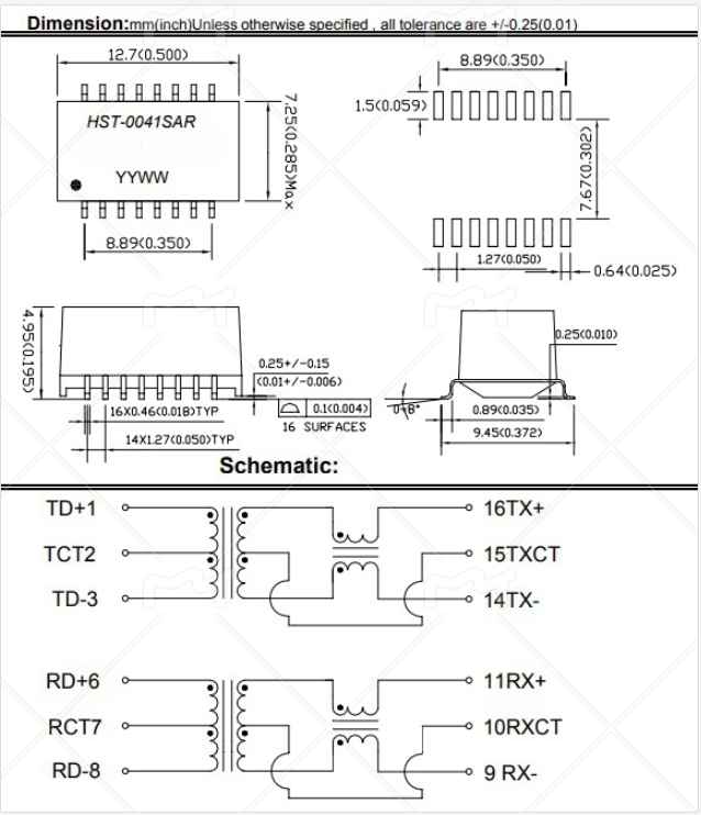 módulos HST-0041SAR do Magnetics do MERGULHO de 10/100Base-T 1500Vrms