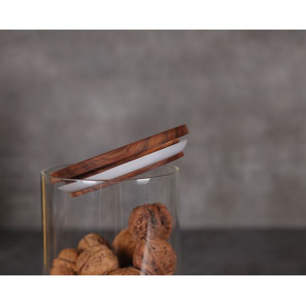 Custom Capacity Stocked Sealed Clear Round Borosilicate Glass Packaging Containers Jar with Wood Lid