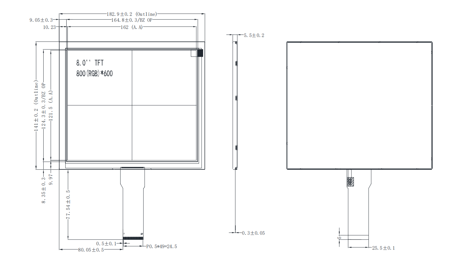 8 Inch 800*600 IPS TFT LCD Module RGB 50 Pin for Industrial Control Equipments