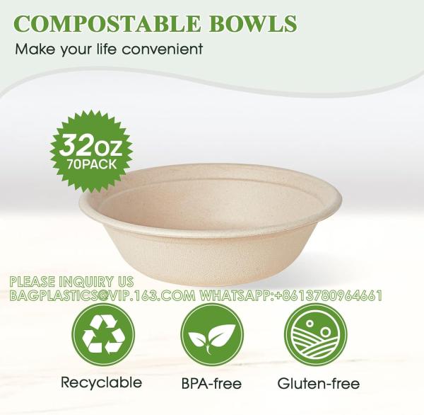 32 Oz Disposable Paper Bowls, Biodegradable Soup Bowls Natural Bagasse, Eco-Friendly Sugarcane Bowls For Salad