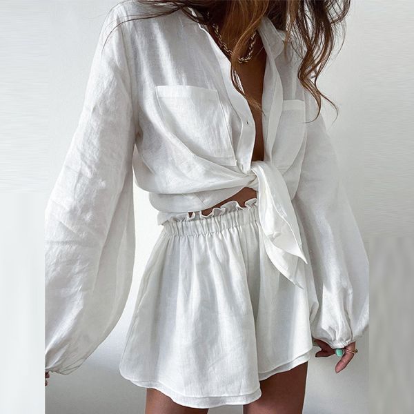 Solid Color Summer Casual Suit Fashion Flounces Shorts Shirt Suit