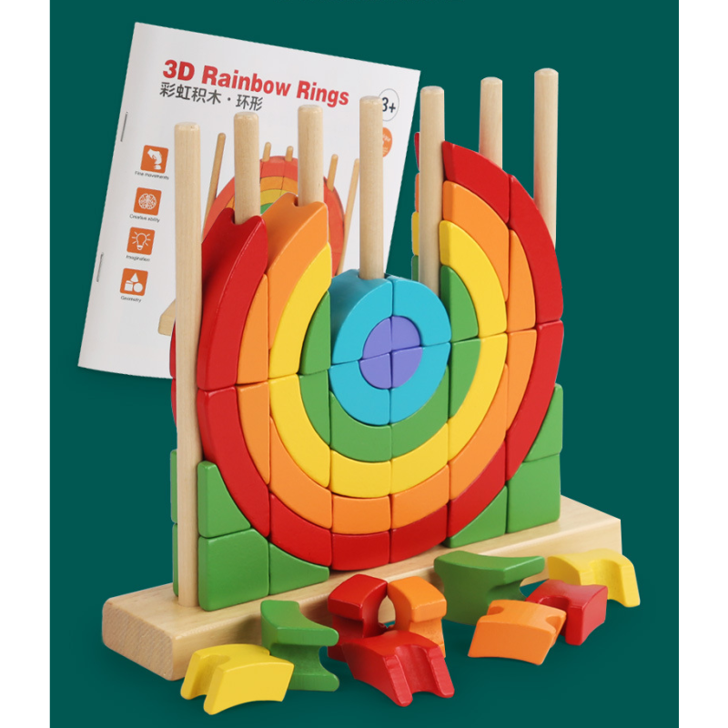Eco Friendly Washable Kindly Toys Montessori Puzzles Education Wooden Rainbow Rings