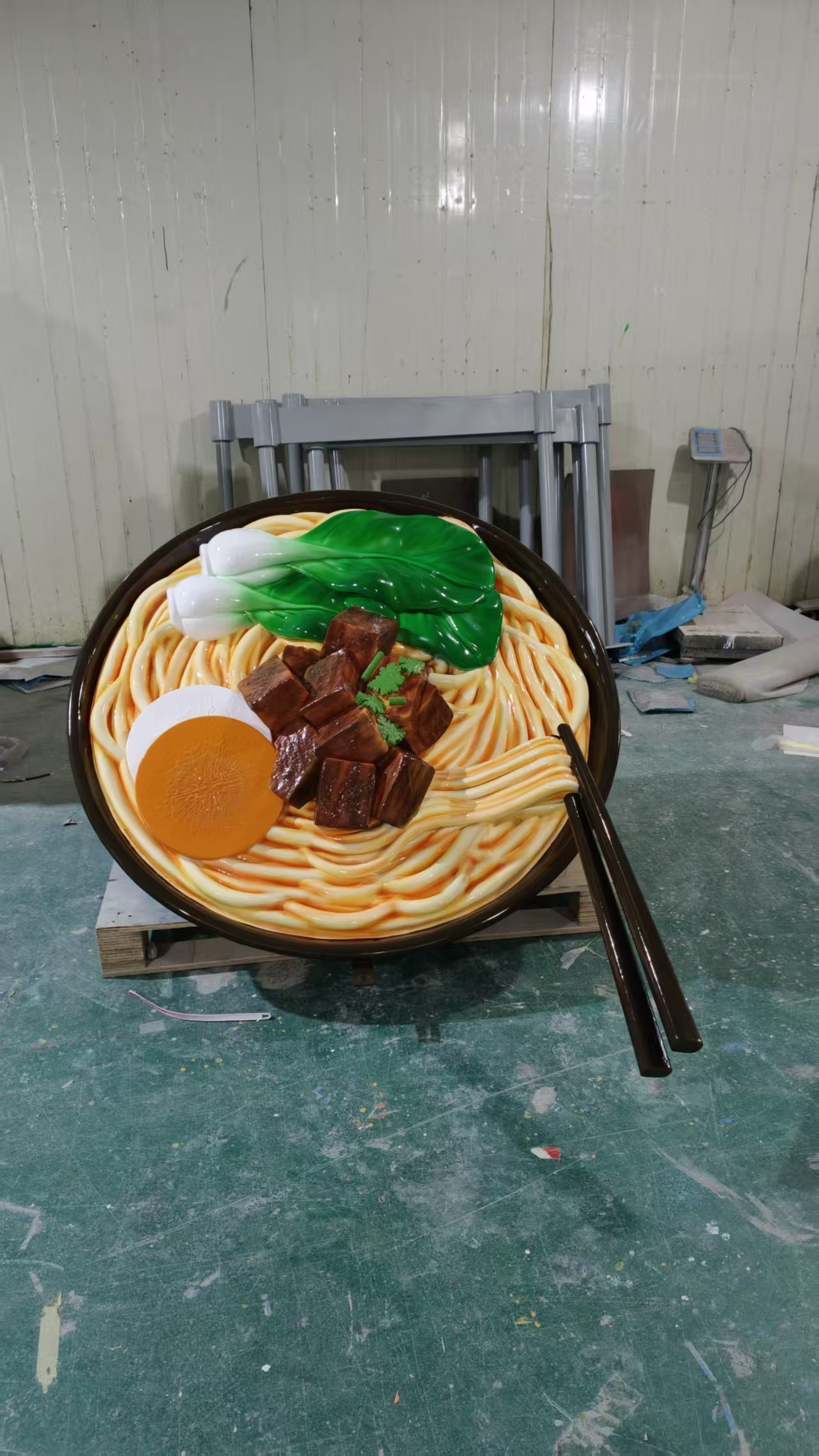 Oversized Hand-painted Beef Noodle Bowl Resin Sculpture with 1:1 Simulation Scale and Waterproof Finish