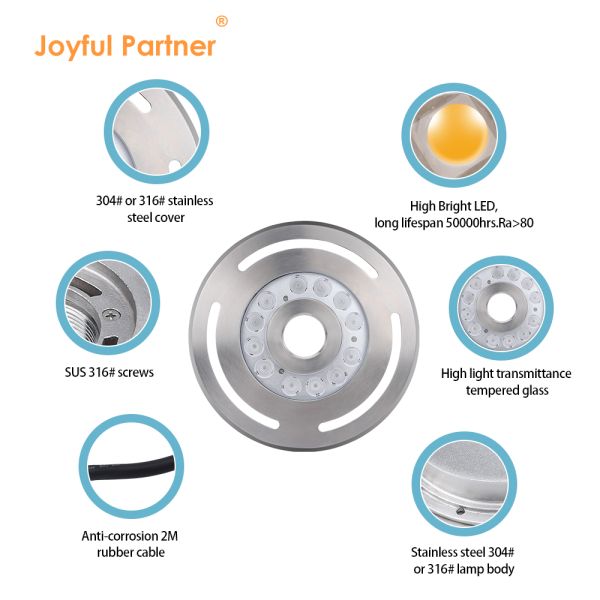 Luz de fonte subaquática IP68 12W 24W 36W Branco quente Azul RGB Aço inoxidável 316L com diâmetro 285mm