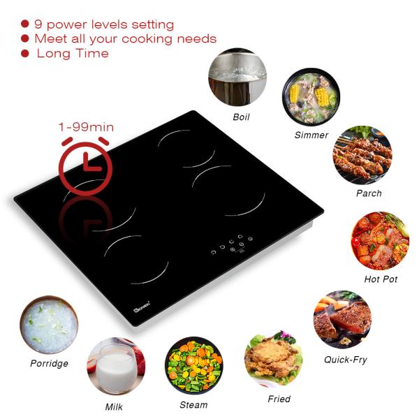 Glass Ceramic Electric Hob Burner 60 Cm Built-In Black Glass Stove With 4 Cooking Zones