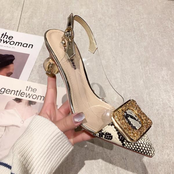 6111-7 Sexy Pointed-Toe Rhinestone Snake Print High-Heeled Shoes With Thin Sandals And Transparent Back Straps Women'S S