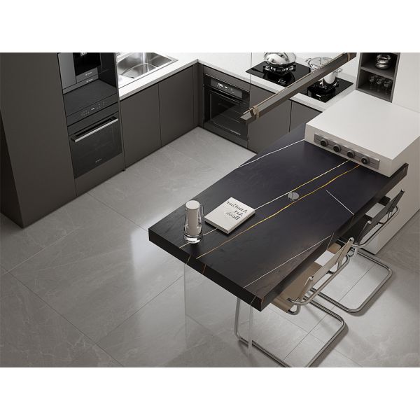 Роскошный 1420x2700 мм фарфоровый сцинтерованный каменный плит для ванной раковины, Мат, глазурь, черный, золотая линия