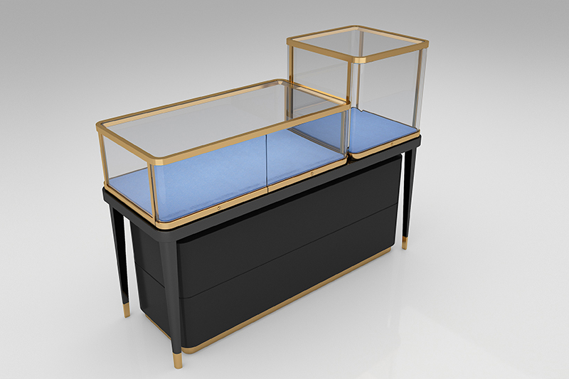 Custom Modular Jewelry Island Counter, Combined Glass Display Case, Metal Frame, Velvet Liner For Jewelry Boutique