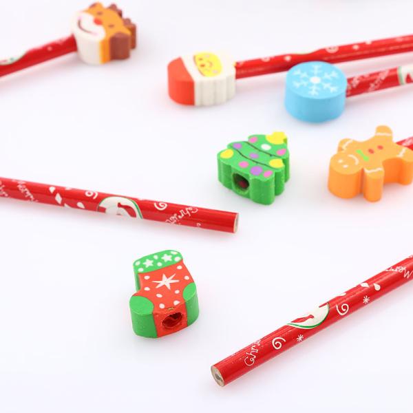 Children School Supplies Christmas Cartoon Eraser Pencil Set with Red Wood Pencils