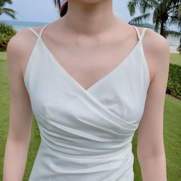 White Split Suspender Long Womens Vacation Dresses Sexy Halter Low Cut V Neck