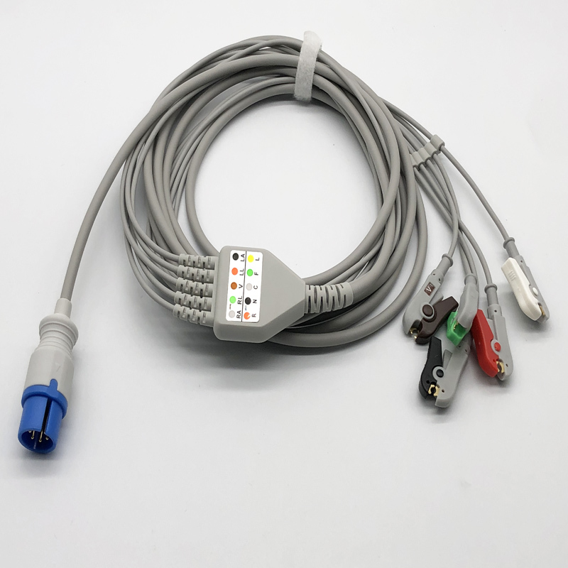 Medical 6 Pin 5 Lead One Piece ECG Trunk Cable Fit MEK Vital Monitor, Dual Style with Snap Buttons and Alligator Clips
