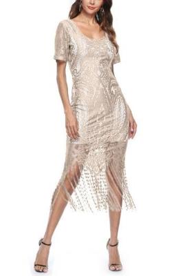 Small Quantity Garment Manufacturer Laides Lace Dress V -  Neck Short Sleeve With Fringed Hem