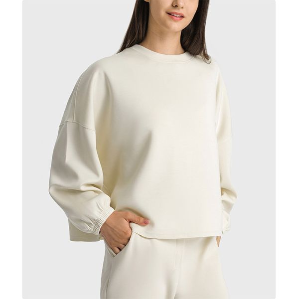 Jade White Womens Yoga Tops Oversized Long Sleeve Drop Shoulder Solid Pullover
