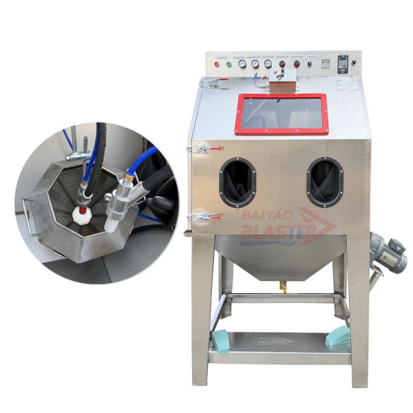 Vapor Batch Sandblasting Of Small Parts Automatic Tumble Basket Wet Sand Blasting Cabinet